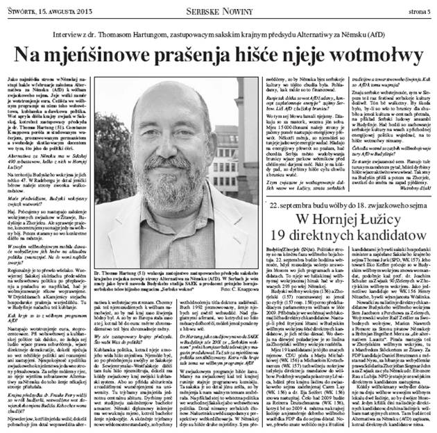 Interview mit der Serbske Noviny zu den Problemen Minderheiten, Kultur und Lausitzer Kohle.