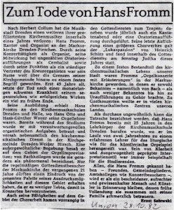 Nachruf auf Hans Fromm. Quelle: privat.